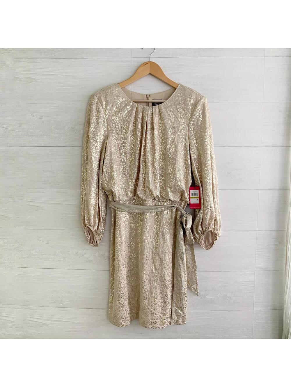 *Flaw NWT Vince Camuto Gold Metallic Leopard Blouson Dress Size 14 Sash